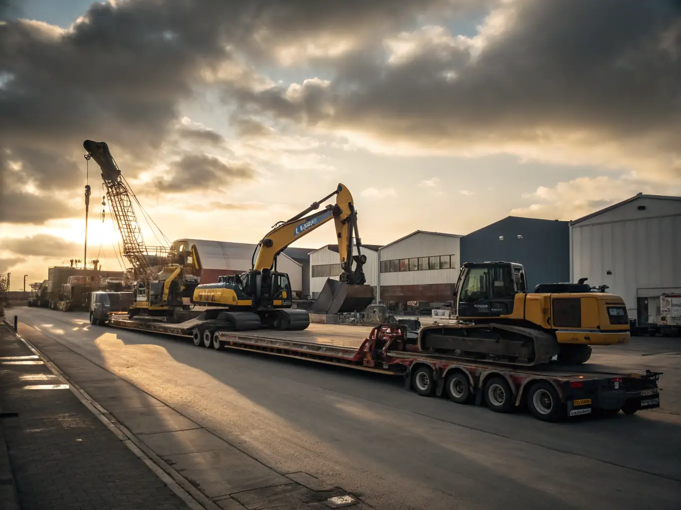 A fleet of construction machinery including forklifts, excavators, and loaders arranged on a construction site, showcasing the variety of equipment available for rent and sale at 2gIndustrial.